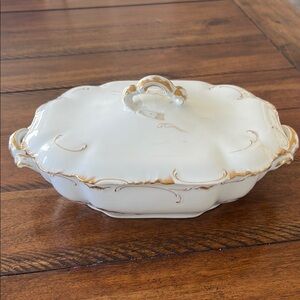 Haviland French porcelain gold and white rectangular covered casserole dish